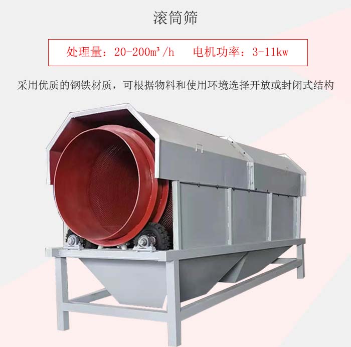 滾筒篩采用優(yōu)質(zhì)的鋼鐵材質(zhì)，可根據(jù)物料和使用環(huán)境選擇開放或封閉式結(jié)構(gòu)