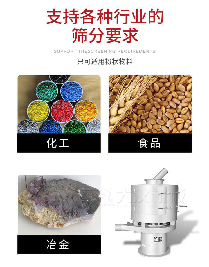 氣流篩用于礦粉，石墨粉，活性納米碳酸鈣，鋁灰，大豆粉，碳酸重鈣，石墨粉，木粉，干草，重金石粉，藥粉末，橡膠顆粒，草酸鹽，干料粉，木粉，聚酯粉，干粉，塑料，金屬粉末，橡膠粉，粉煤灰，石墨粉，陶瓷粉，鋅粉，石英粉，石灰粉，鐵粉，金屬硅粉等。