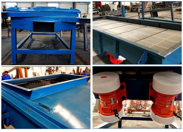 方形振動篩出料口，篩網(wǎng)和網(wǎng)架，進料口，振動電機等細節(jié)展示。