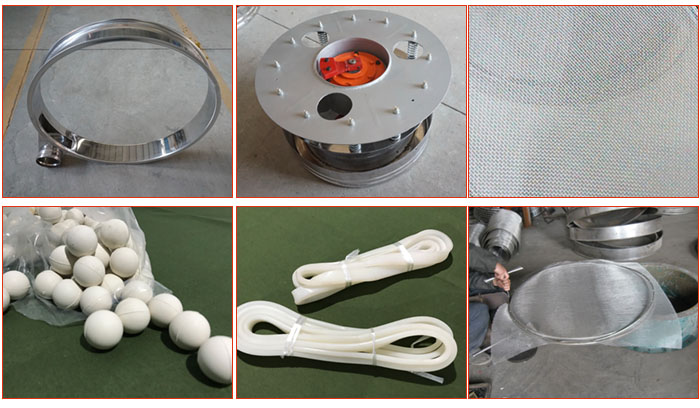 800型全不銹鋼振動篩配件有：振動篩篩框，電機，不銹鋼篩網(wǎng)等。