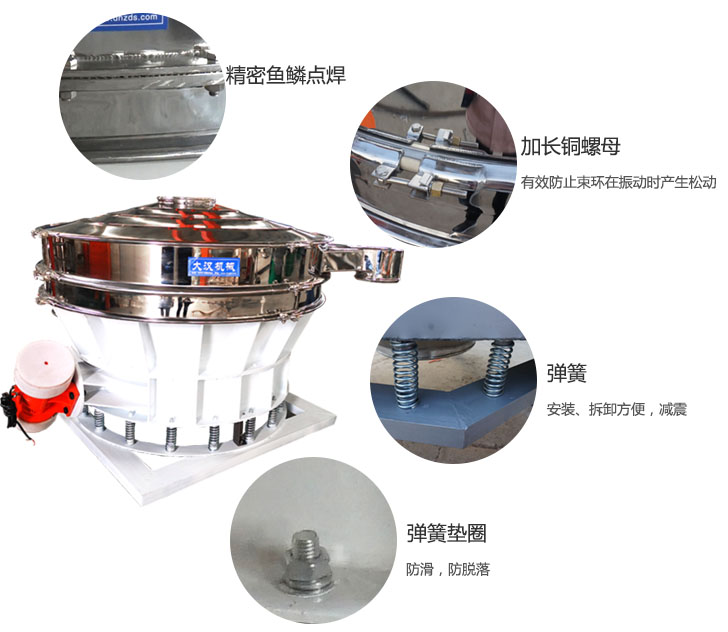 1500直排篩細節(jié)展示：彈簧，彈簧墊圈，加長銅螺母。