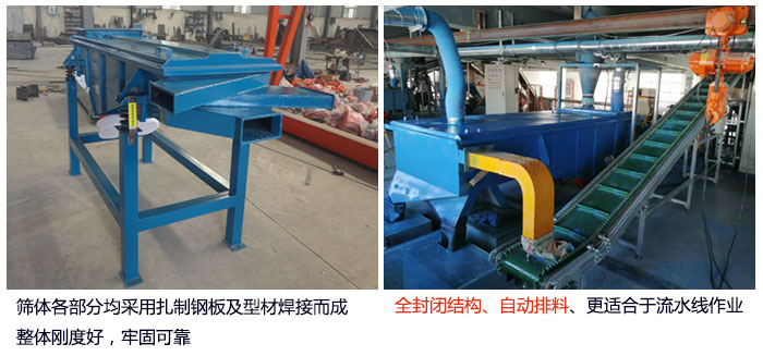 直線篩分機篩體各部分均采用扎制鋼板及型材焊接而成整體剛度好，牢固可靠；全封閉結構、自動排料、更適合于流水線作業(yè)。