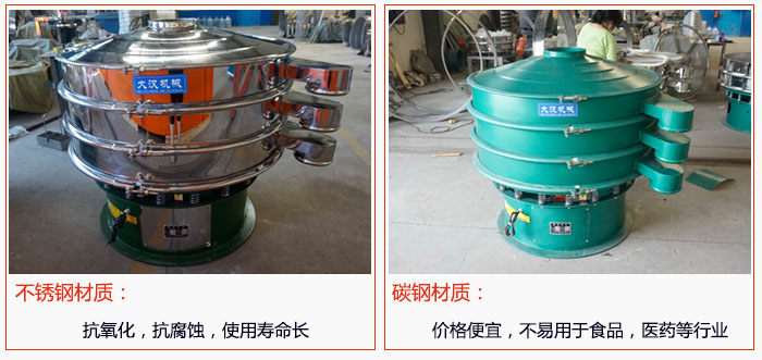 800型振動(dòng)篩有不銹鋼和碳鋼兩種材質(zhì)，不銹鋼材質(zhì)：抗氧化，抗腐蝕，使用壽命長(zhǎng) 碳鋼材質(zhì)：價(jià)格便宜，不易篩分食品，化工，醫(yī)藥等行業(yè)的物料。