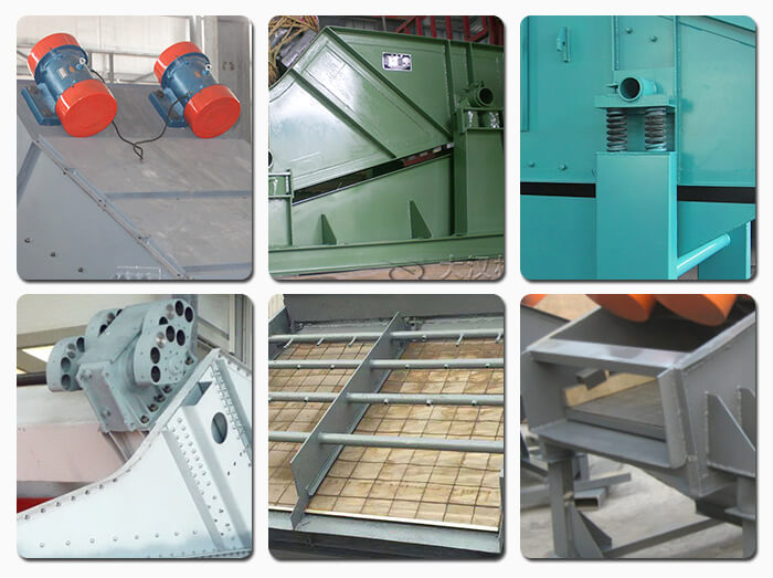 礦用振動篩主要由激振器、篩體、篩網(wǎng)、減振裝置及座架等組成。篩箱由篩框、篩板、襯板等組成