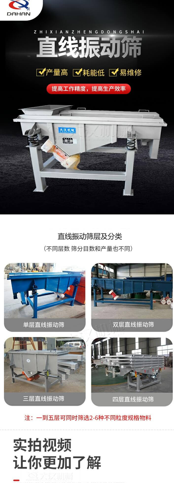 直線振動篩概述，產(chǎn)量高，耗能低，易維修，提高工作精度，提高生產(chǎn)效率，直線振動篩層級分類：不同層數(shù)，篩分目數(shù)和產(chǎn)量也不同：單層，雙層，三層，四層等。