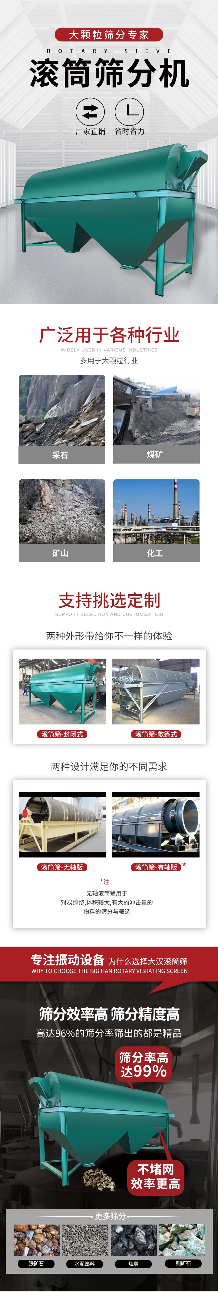 滾筒篩分機(jī)大顆粒篩分專家：廠家直銷，省時(shí)省力。滾筒篩被廣泛應(yīng)用各種行業(yè)：多用于大顆粒行業(yè)例如：采石，煤礦，礦山，化工等。滾筒篩定制類型有哪些：封閉式與敞篷式產(chǎn)品結(jié)構(gòu)分為：無軸式，有軸式兩種，無軸滾筒篩用于對(duì)纏繞，體積較大，有大的沖擊量的物料的篩分與篩選。滾筒篩篩分效率高篩分精度能夠達(dá)到：96%也比較適用于鐵礦石，水泥熟料，焦炭，銅礦石。滾筒篩特點(diǎn)：不飛粉末：密封隔離罩，密封性好，工作過程不會(huì)出現(xiàn)飛粉現(xiàn)象。外型尺寸是按筒體長(zhǎng)計(jì)