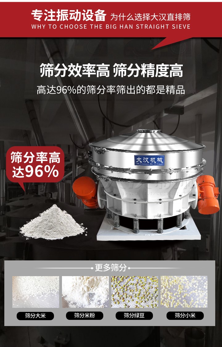 直排篩適用物料有面粉，淀粉，洗衣粉，金屬粉，添加劑，化工，非礦等行業(yè)。
