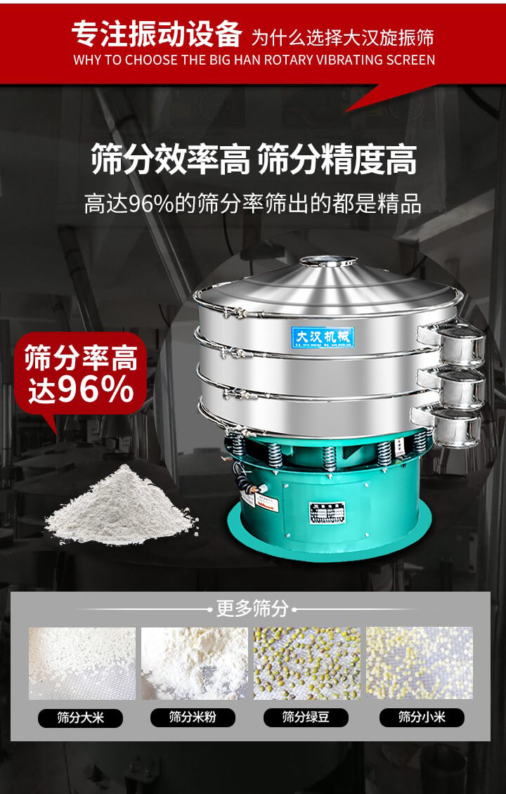 旋振篩結構：進料口，網(wǎng)架，防塵蓋，出料口，加重塊，束環(huán)，上部重錘，彈簧，下部重錘等。