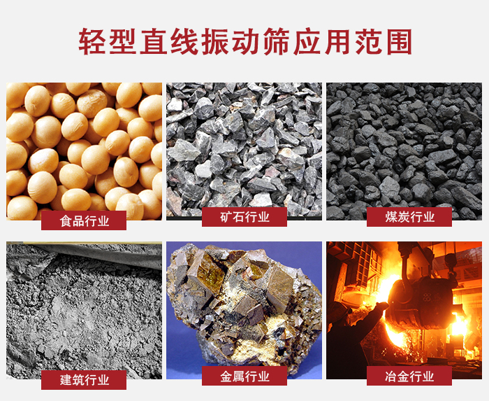 輕型直線振動篩應(yīng)用范圍較廣多使用與顆粒狀，粉狀以及其它重型行業(yè)的輸送。