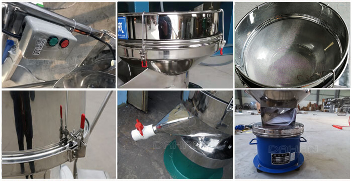 過濾篩細節(jié)展示：控制開關(guān)，篩框，出料口閥門，底座等