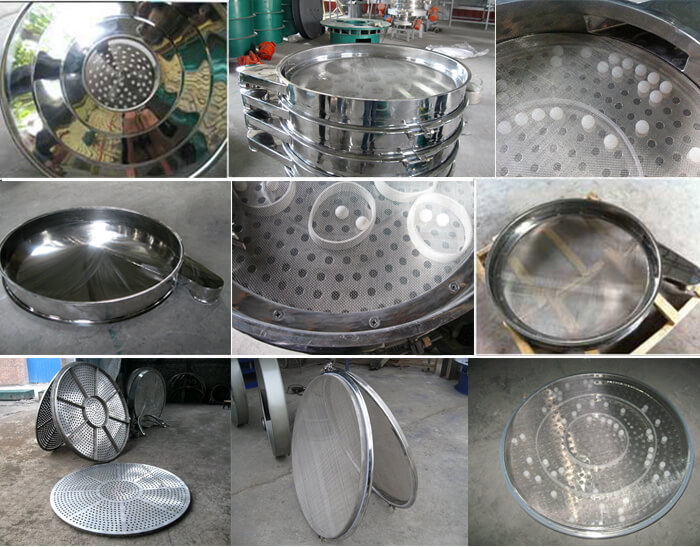 食品振動篩細節(jié)展示：防塵蓋，篩框，網(wǎng)架，底框等。